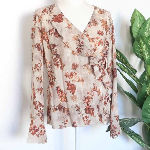 Peruvian Connection Beige Rusty Brown Floral Long Sleeve Ruffle Wrap Blouse Top - Picture 4 of 12